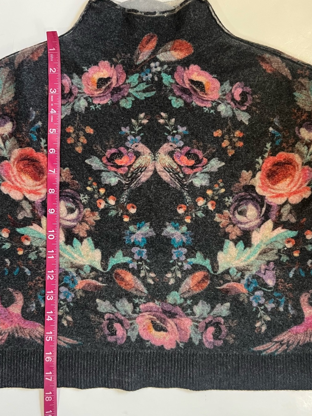 Pilcro Charcoal Mock neck Cashmere Sweater with Multicolor Floral & Bird Motif - Picture 9 of 9